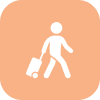 Person walking with suitcase icon on peach background.