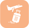 Airplane and luggage icon on orange background.