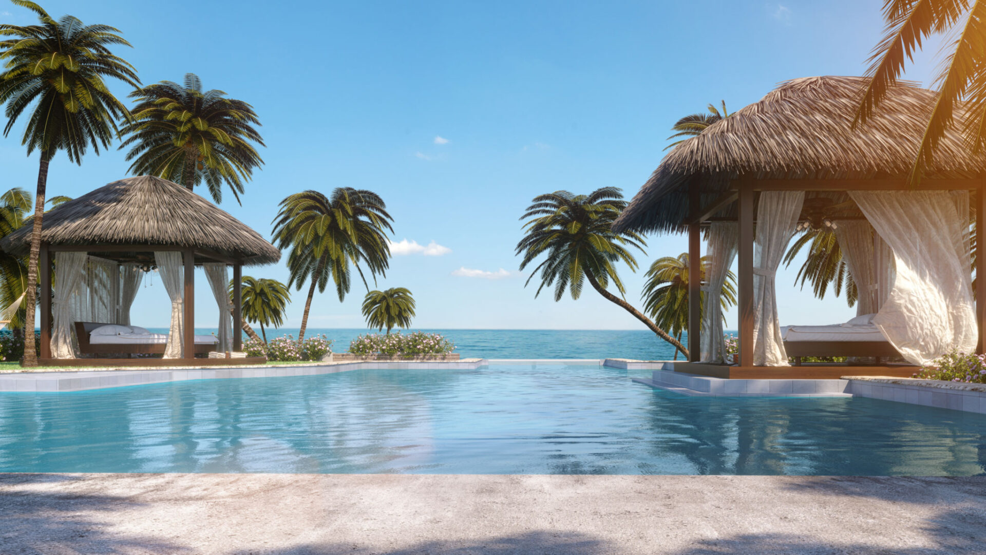 Tropical beach resort with palm trees and cabanas.