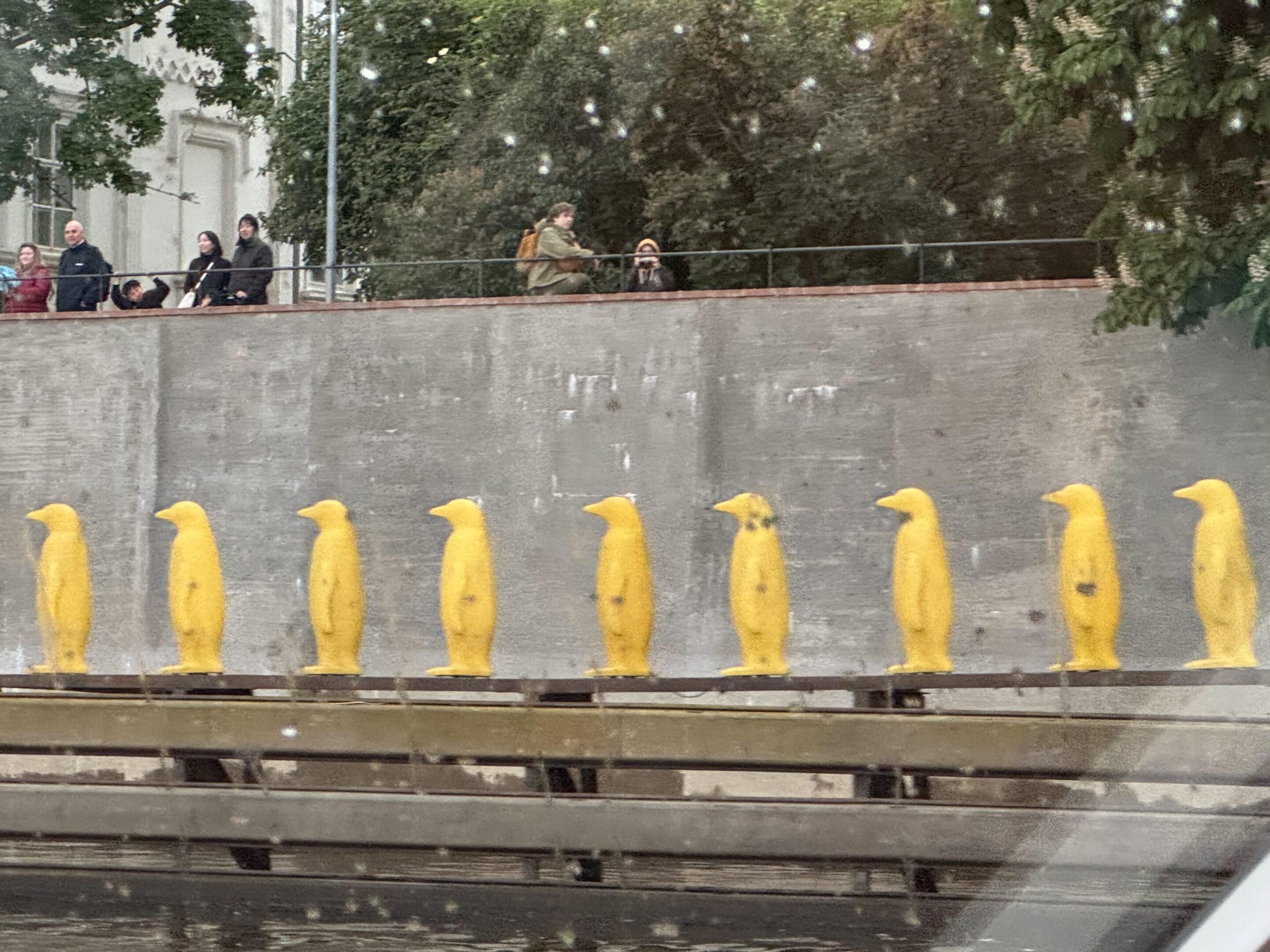 Yellow duck statues lined up along a stone wall near benches.