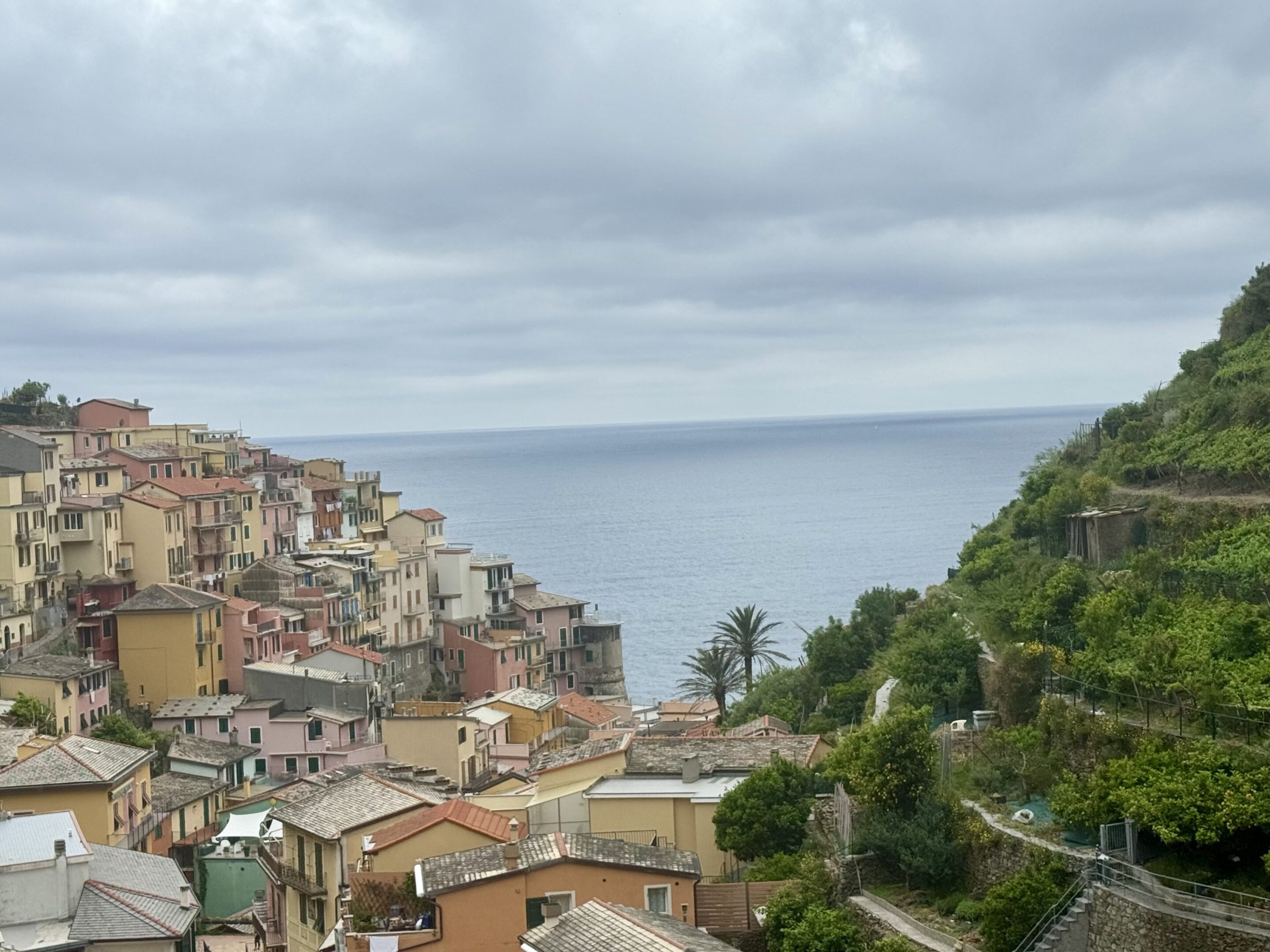 Coastal town with colorful buildings overlooking the sea under a cloudy sky.
